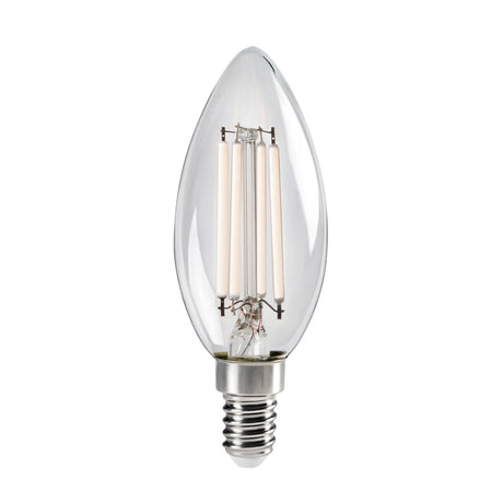 Kanlux XLED 4.5W E14 LED candle bulb in clear C35 filament shape with warm white tone and silver screw cap, shown on a plain white background.