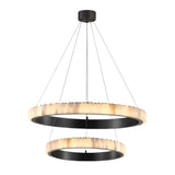 The Lucenza LED 2 Tier Halo Ring Alabaster Chandelier in Matte Black & Soft White features two circular rings suspended by slim cables, emitting a warm glow from frosted edges—perfect for adding sleek, contemporary style to modern interiors.