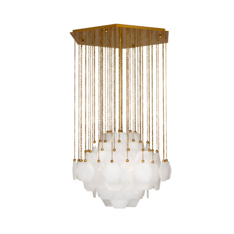 The Seravelle LED Waterfall Alabaster Cluster Pendant Light - Soft White features a square gold mount with cascading gold chains holding Spanish alabaster pendants, creating an elegant, geometric LED chandelier design.