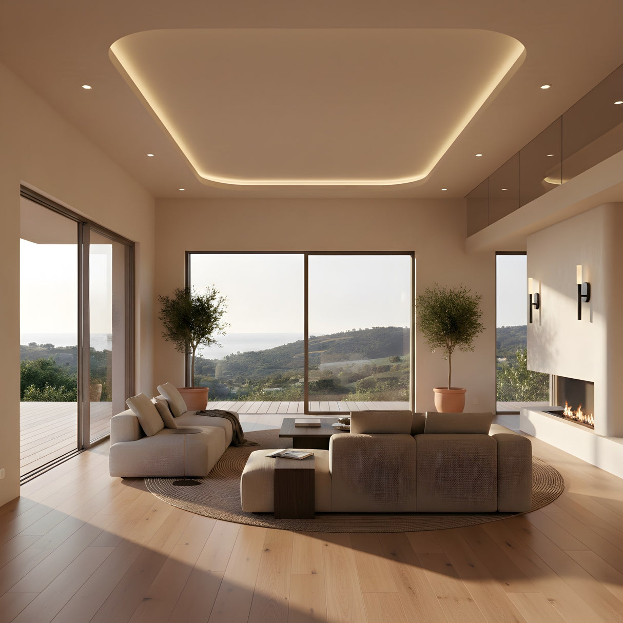 A modern living room with large windows, neutral furniture, potted plants, a built-in fireplace, and hill views features the Aurelian LED Vertical Column Alabaster Wall Light in matte black & soft white as a minimalist accent in the bright, elegant space.