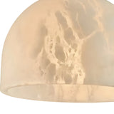 A close-up of the Belvix 1 Light Large Dome Alabaster Single Pendant Light in soft white and brushed brass, featuring a marbled alabaster shade that gently diffuses light.