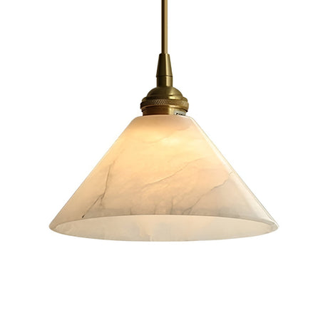 The Novera 1 Light Conical Alabaster Single Pendant Light in soft white and brushed brass features a wide shade that casts a warm glow, bringing elegant style to your space.