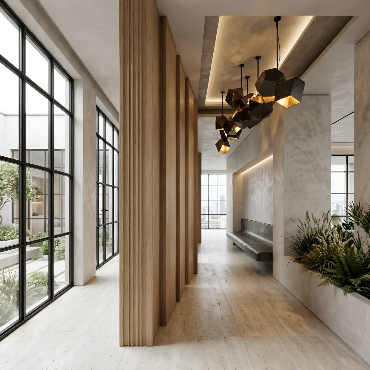 Modern hallway with floor-to-ceiling windows, wood panel dividers, a built-in bench, indoor plants, and the Spar Linear Suspension Light in black and gold; city views visible through the large windows.
