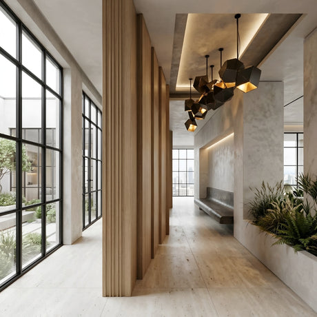 Modern hallway with floor-to-ceiling windows, wood panel dividers, a built-in bench, indoor plants, and the Spar Linear Suspension Light in black and gold; city views visible through the large windows.