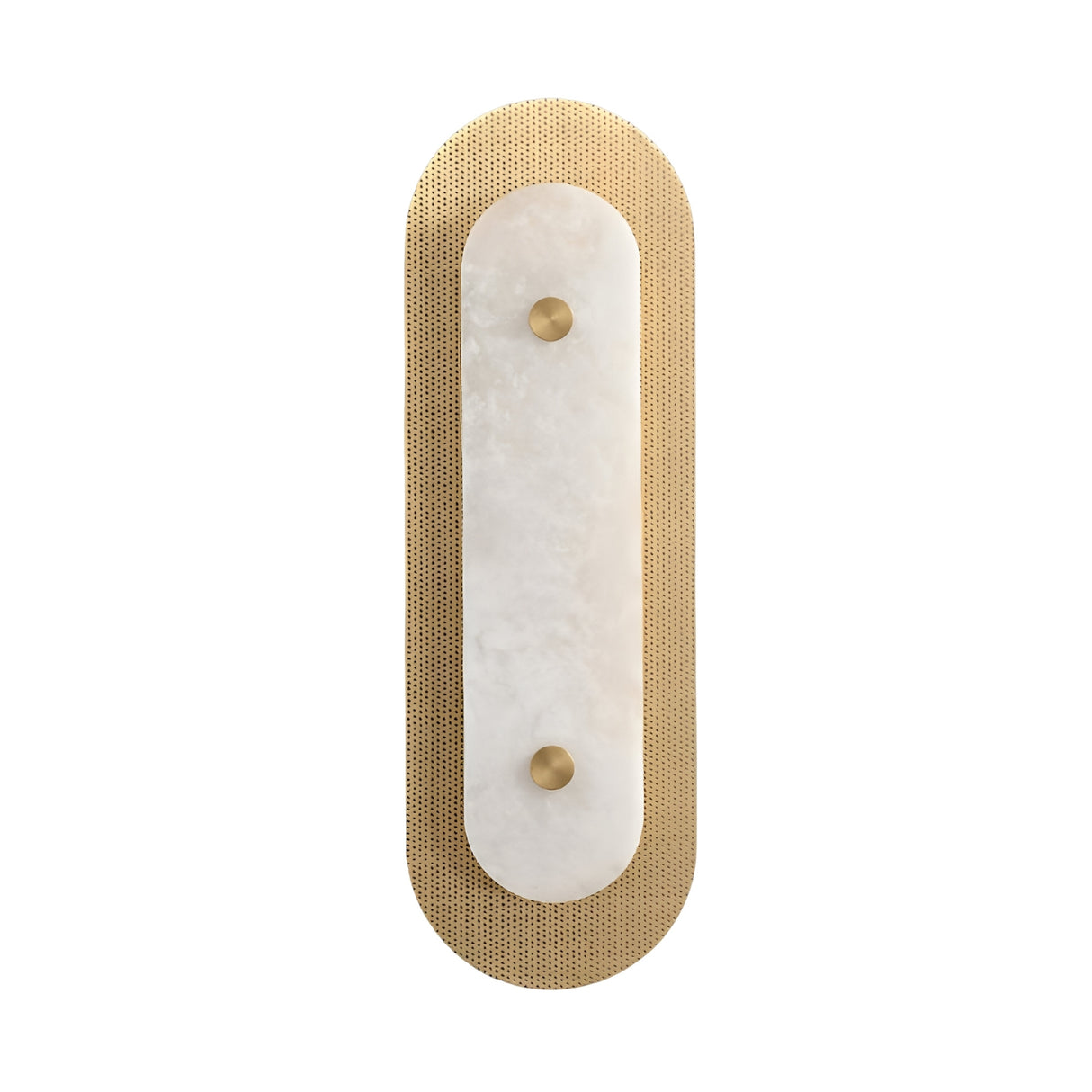 The Avelora LED Large Capsule Alabaster Wall Light features an oval alabaster design with a soft white panel, two round brass accents, and a perforated brass border, shown isolated on a white background.