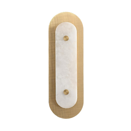 The Avelora LED Large Capsule Alabaster Wall Light features an oval alabaster design with a soft white panel, two round brass accents, and a perforated brass border, shown isolated on a white background.