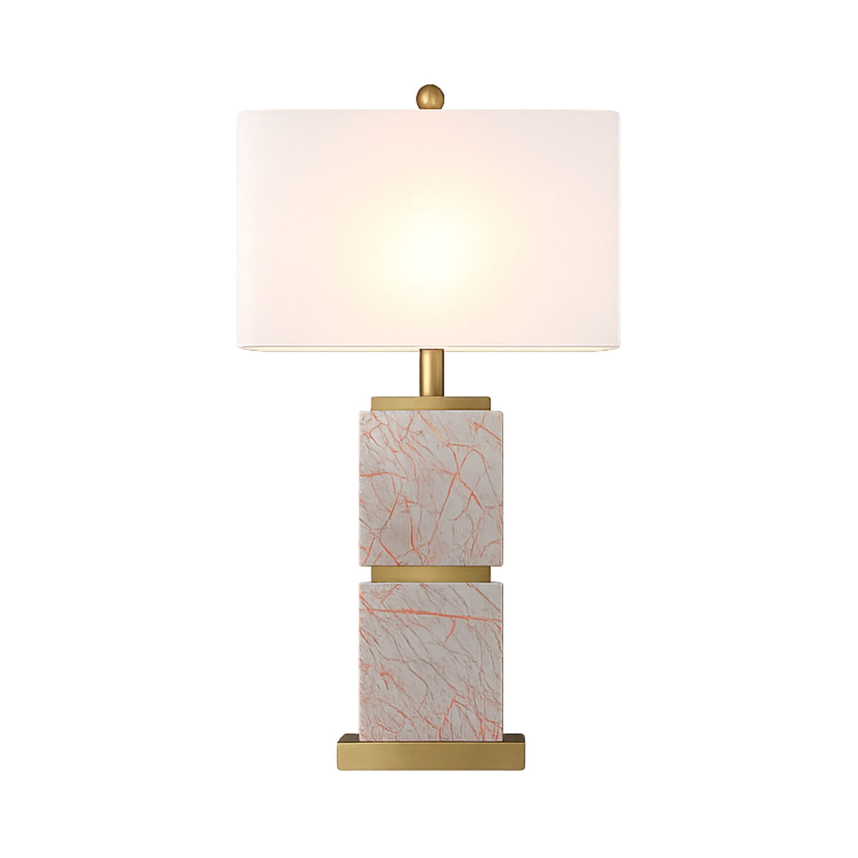 The Veradex 1 Light Marble Block Table Lamp features a brass finish, a white cylindrical shade, and two stacked blocks in purple marble—a modern and elegant accent for any room.