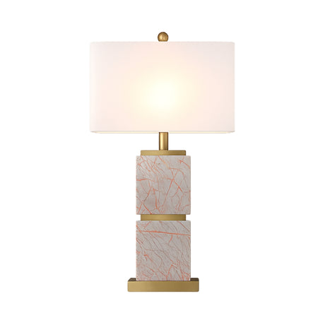 The Veradex 1 Light Marble Block Table Lamp features a brass finish, a white cylindrical shade, and two stacked blocks in purple marble—a modern and elegant accent for any room.