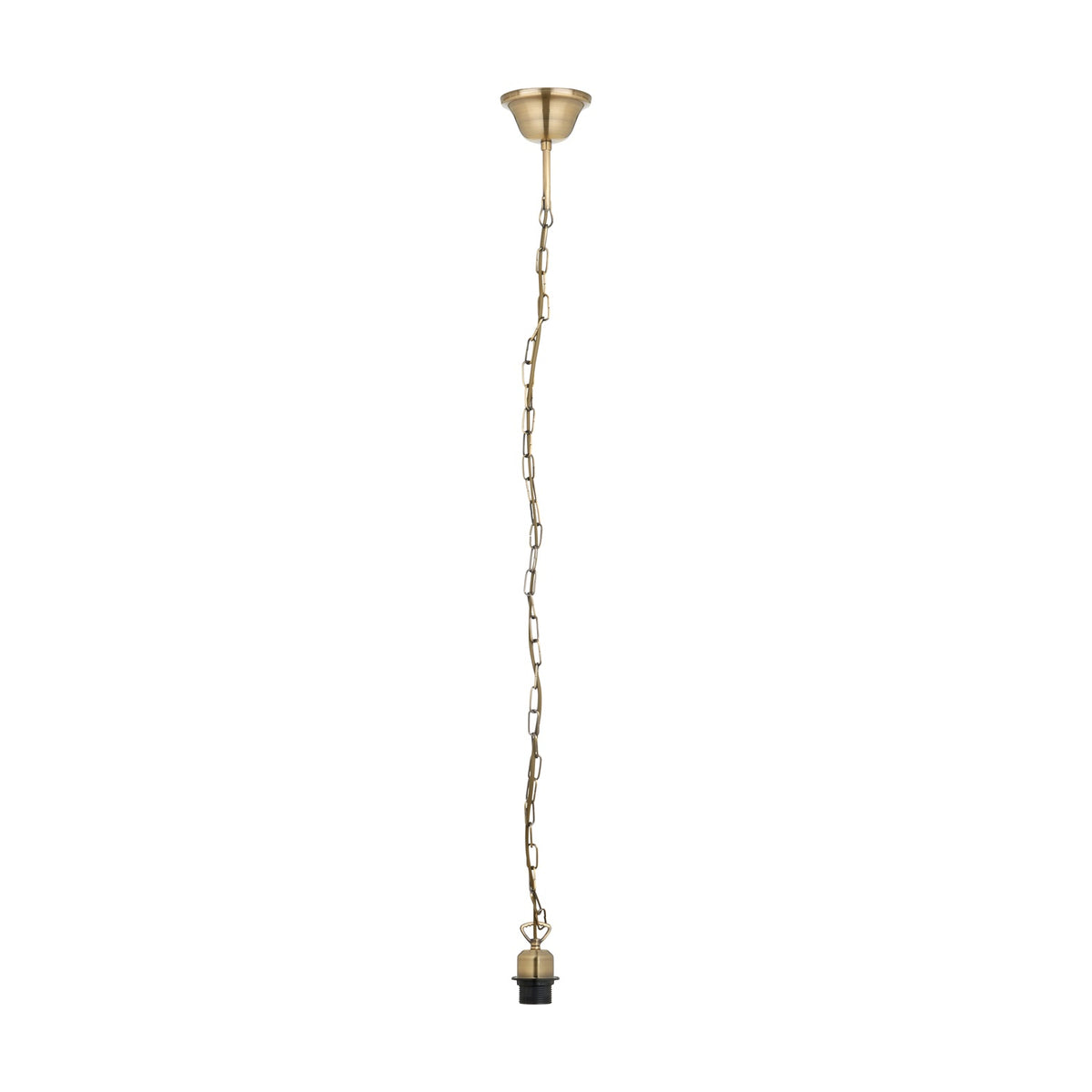 Antique brass E27 ceiling fitting, 63cm chain with round ceiling rose and E27 lamp holder, steel construction, shown against a plain white background.