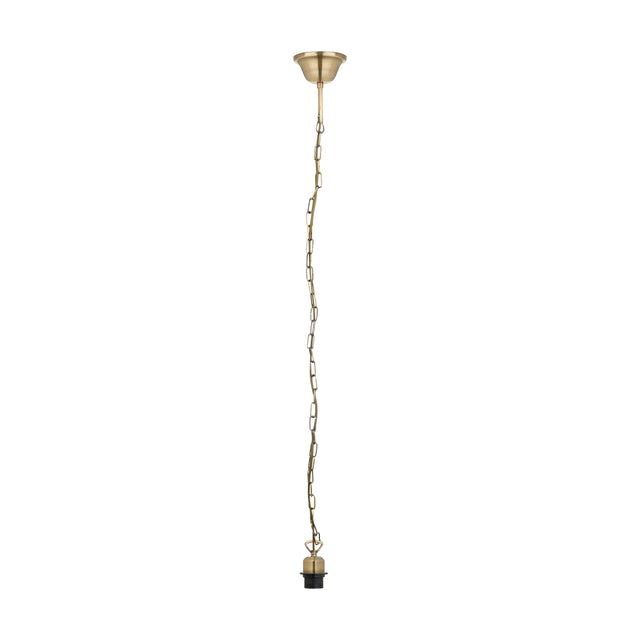 Antique brass E27 ceiling fitting, 63cm chain with round ceiling rose and E27 lamp holder, steel construction, shown against a plain white background.