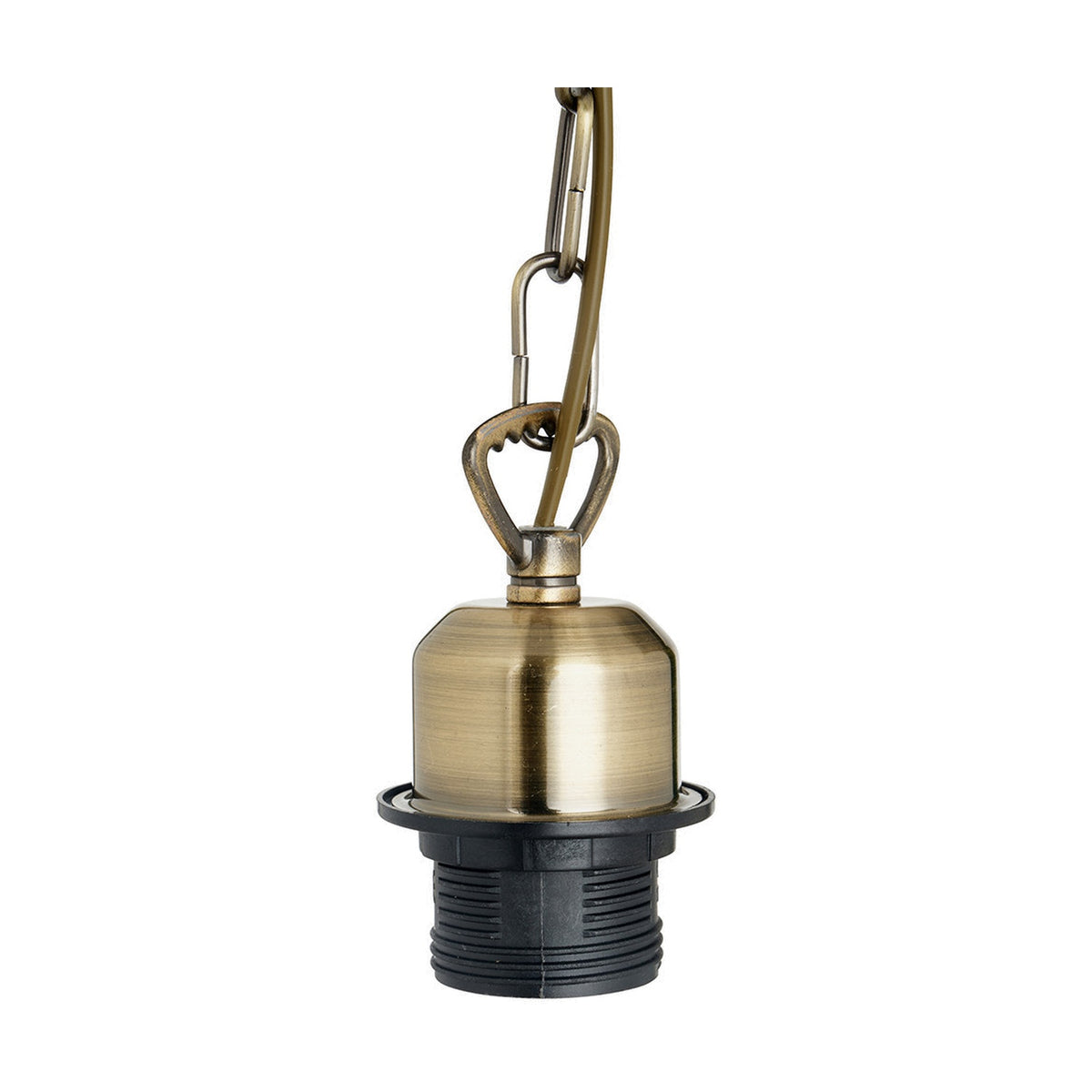 Antique brass E27 ceiling fitting with hook detail and black plastic lampholder base, hanging on chain against a plain white background.