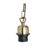 Antique brass E27 ceiling fitting with hook detail and black plastic lampholder base, hanging on chain against a plain white background.