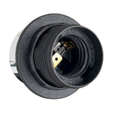 Chrome Electrified E27 Ceiling Fitting shown close-up, revealing the black plastic lampholder with brass terminals and threaded chrome collar, set against a plain white background.