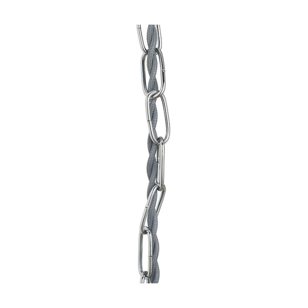 Chrome Electrified E27 Ceiling Fitting, 63cm, with braided grey cable and chrome oval chain links, for E27 bulbs, shown against a plain white background.