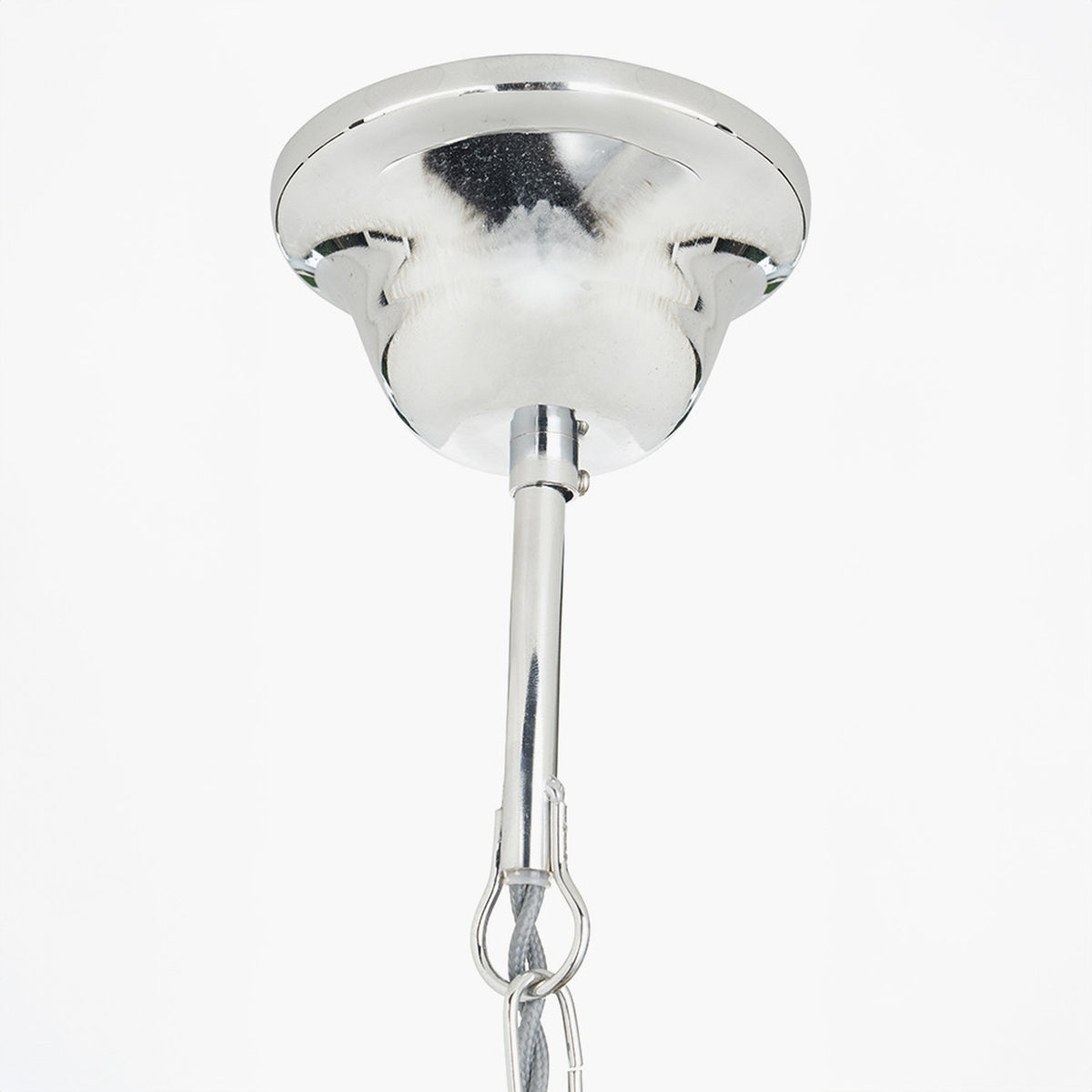 Chrome ceiling rose fitting for E27 bulbs, 63cm drop, with polished metal canopy, rod, and hook for suspending the flex, shown on a plain white background.
