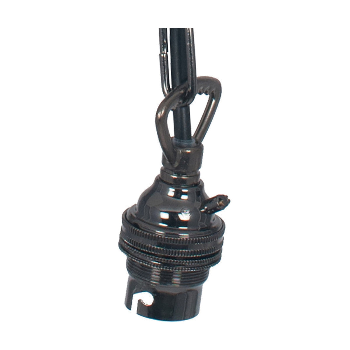Black chrome B22 lampholder with threaded shade collar, cord grip loop, and hanging flex, shown against a plain white background.