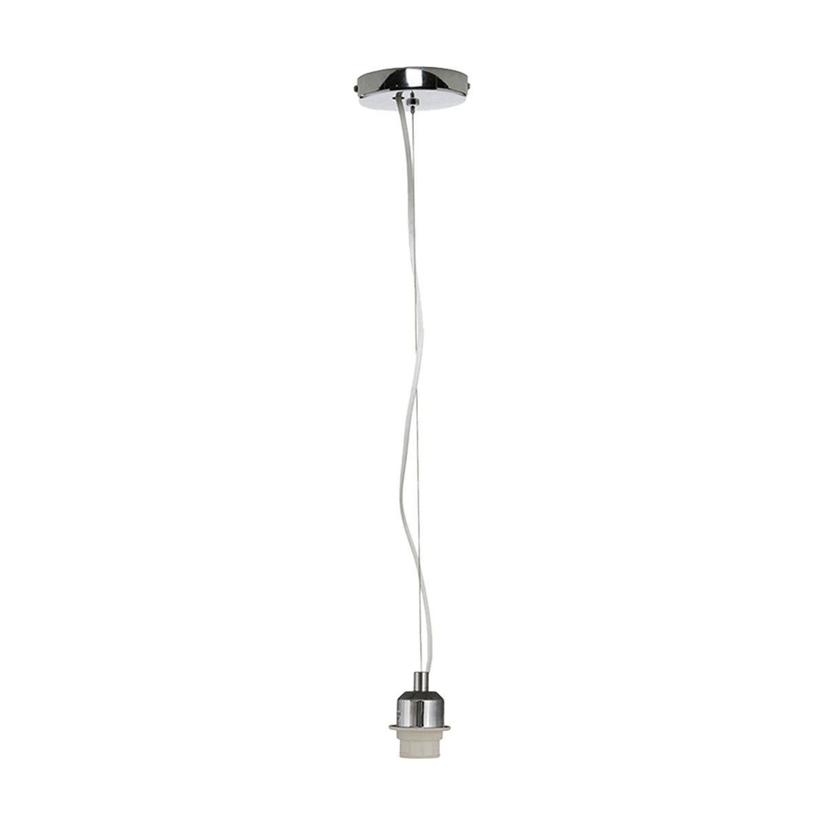 Chrome ceiling rose fitting with a 90cm flex leading to an E27 lampholder, steel construction, shown against a plain white background.