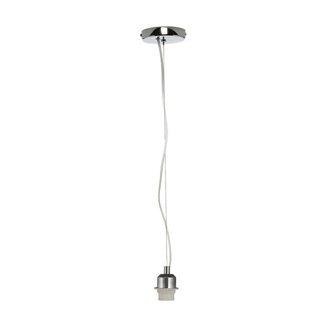 Chrome ceiling rose fitting with a 90cm flex leading to an E27 lampholder, steel construction, shown against a plain white background.