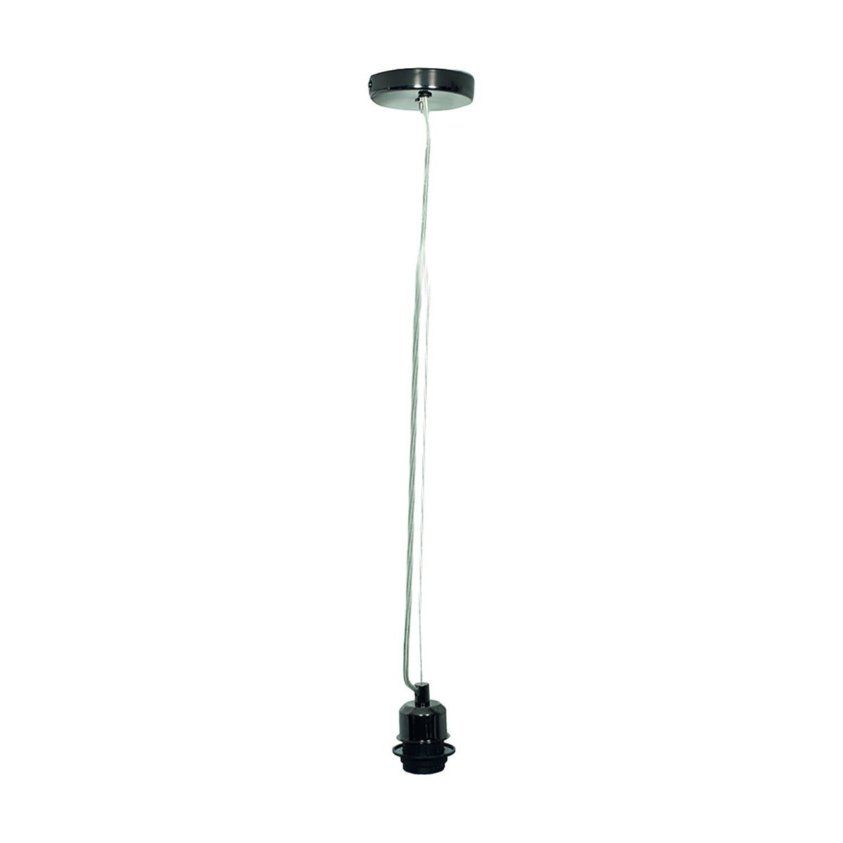 Black chrome E27 ceiling rose pendant fitting with long flex and lampholder, 90cm drop, shown on a plain white background.