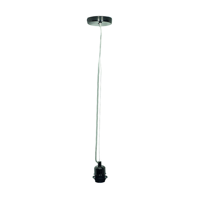 Black chrome E27 ceiling rose pendant fitting with long flex and lampholder, 90cm drop, shown on a plain white background.