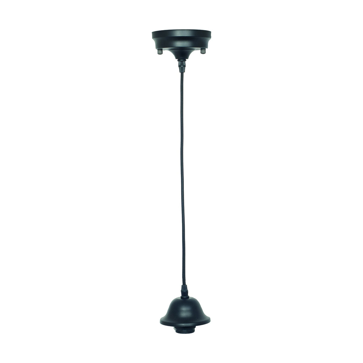 Black retro electrified E27 ceiling fitting, 75cm drop with round ceiling rose, hanging flex and bell-shaped lampholder shade, matte black metal, on a plain white background.