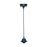 Black retro electrified E27 ceiling fitting, 75cm drop with round ceiling rose, hanging flex and bell-shaped lampholder shade, matte black metal, on a plain white background.