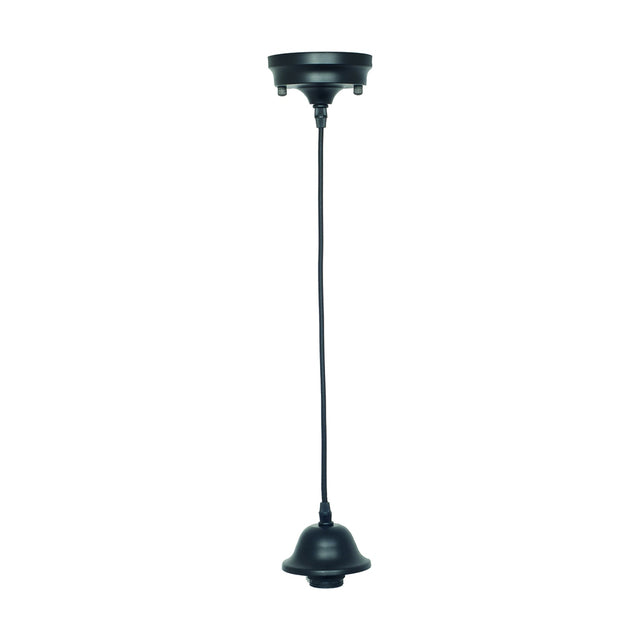 Black retro electrified E27 ceiling fitting, 75cm drop with round ceiling rose, hanging flex and bell-shaped lampholder shade, matte black metal, on a plain white background.