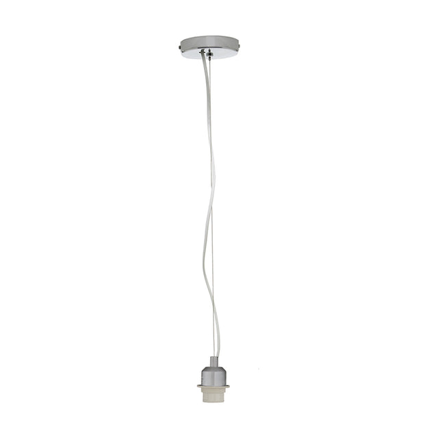 Brushed chrome E27 ceiling fitting with round ceiling rose, single white flex cord, and lamp holder, shown against a plain white background.