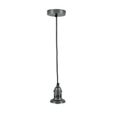 Dark antique silver metal ceiling rose pendant fitting with black flex cord and vented café-style shade holder, shown on a plain white background.