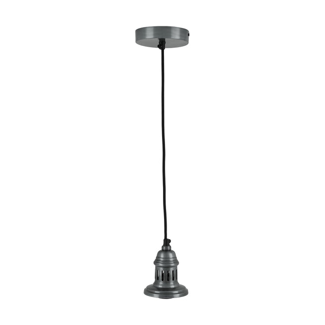 Dark antique silver metal ceiling rose pendant fitting with black flex cord and vented café-style shade holder, shown on a plain white background.