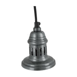 Dark antique silver metal ceiling rose fitting with vented cylindrical body and black fabric flex, shown on a plain white background.