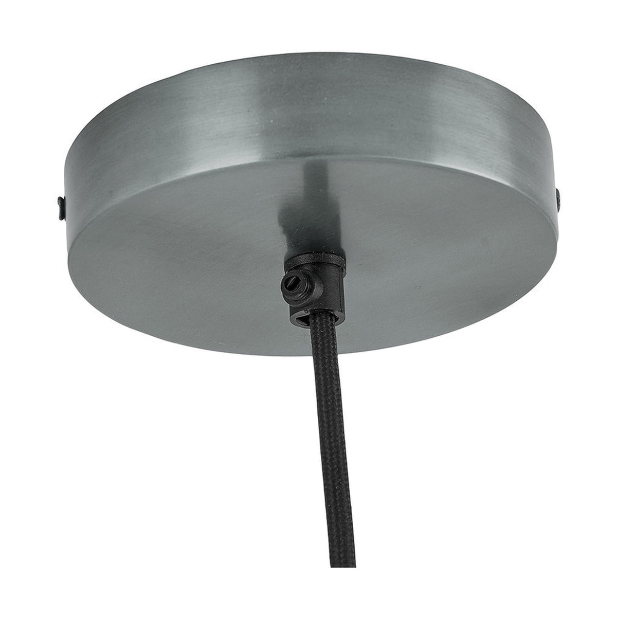 Round dark antique silver metal ceiling rose fitting with black fabric flex cable, shown on a plain white background.