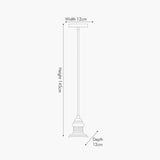 Dimensioned line drawing of an antique silver café ceiling pendant with rectangular ceiling rose, straight rod, and ribbed lamp holder, 145cm height, 12cm width and depth, on white background.
