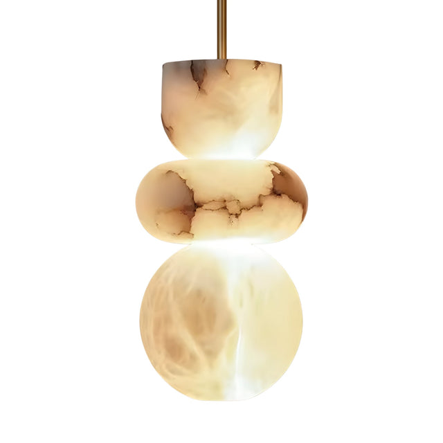 The Monne LED Large Stacked Alabaster Single Pendant Light in soft white and brushed brass features a glowing, marbled alabaster design with three geometric shapes—cylinder, disc, and sphere—for a warm, elegant touch.