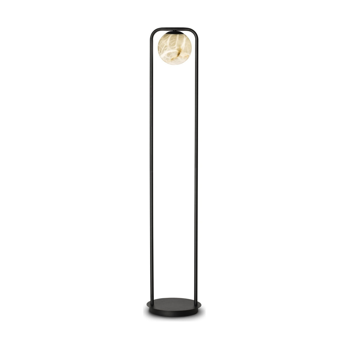 Halvessa LED Alabaster Floor Lamp in black, with a tall arched iron frame on a round base holding a single glowing alabaster globe, shown against a plain white background.