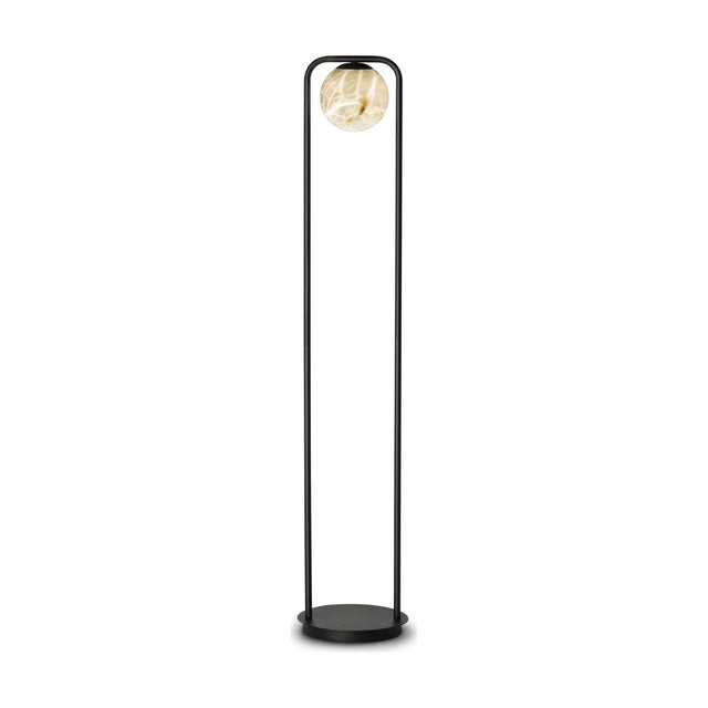 Halvessa LED Alabaster Floor Lamp in black, with a tall arched iron frame on a round base holding a single glowing alabaster globe, shown against a plain white background.