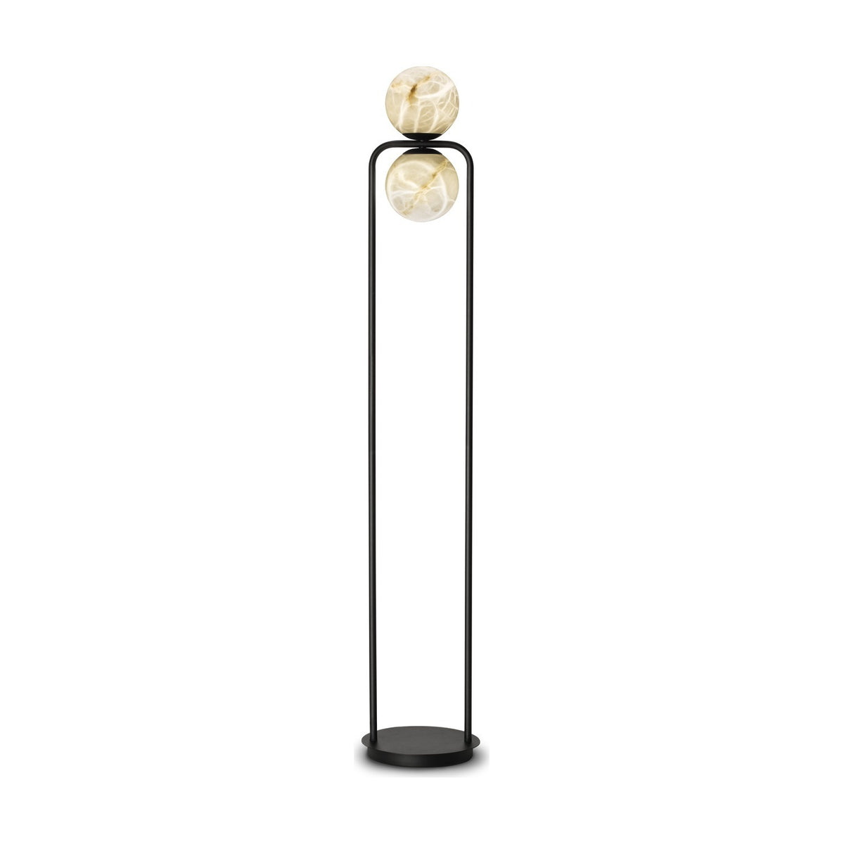 Black Halvessa LED 2-Light Alabaster Floor Lamp with inverted U-shaped iron frame, round base, and two globe shades, one on top and one suspended beneath the bar.