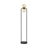 Black Halvessa LED 2-Light Alabaster Floor Lamp with inverted U-shaped iron frame, round base, and two globe shades, one on top and one suspended beneath the bar.