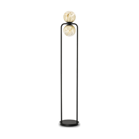 Black Halvessa LED 2-Light Alabaster Floor Lamp with inverted U-shaped iron frame, round base, and two globe shades, one on top and one suspended beneath the bar.