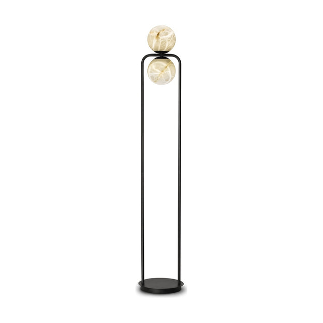 Black Halvessa LED 2-Light Alabaster Floor Lamp with inverted U-shaped iron frame, round base, and two globe shades, one on top and one suspended beneath the bar.