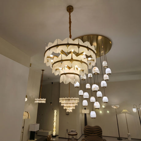 Petraia 4 Tier Floral Alabaster Chandelier - Brushed Brass