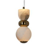 The Elarin LED Stacked Alabaster Single Pendant Light features soft white frosted glass, a brushed brass ring, and a suspended globe design, creating a warm glow through its elegant layers.
