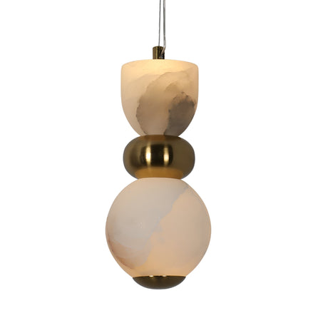 The Elarin LED Stacked Alabaster Single Pendant Light features soft white frosted glass, a brushed brass ring, and a suspended globe design, creating a warm glow through its elegant layers.