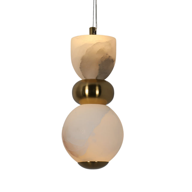 The Elarin LED Stacked Alabaster Single Pendant Light features soft white frosted glass, a brushed brass ring, and a suspended globe design, creating a warm glow through its elegant layers.