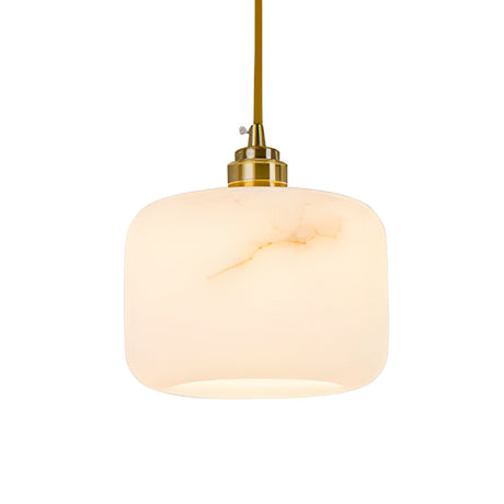 The Vantor 1 Light Alabaster Single Pendant Light in soft white with a brushed brass fixture and yellow cord features a smooth, marbled shade—an ideal modern accent for any space.
