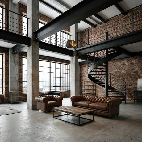 Spacious industrial loft with tall windows, exposed brick, metal beams, spiral staircase, two brown leather sofas, wooden coffee table on concrete floor, illuminated by the Spar Single Pendant Light in black & gold.
