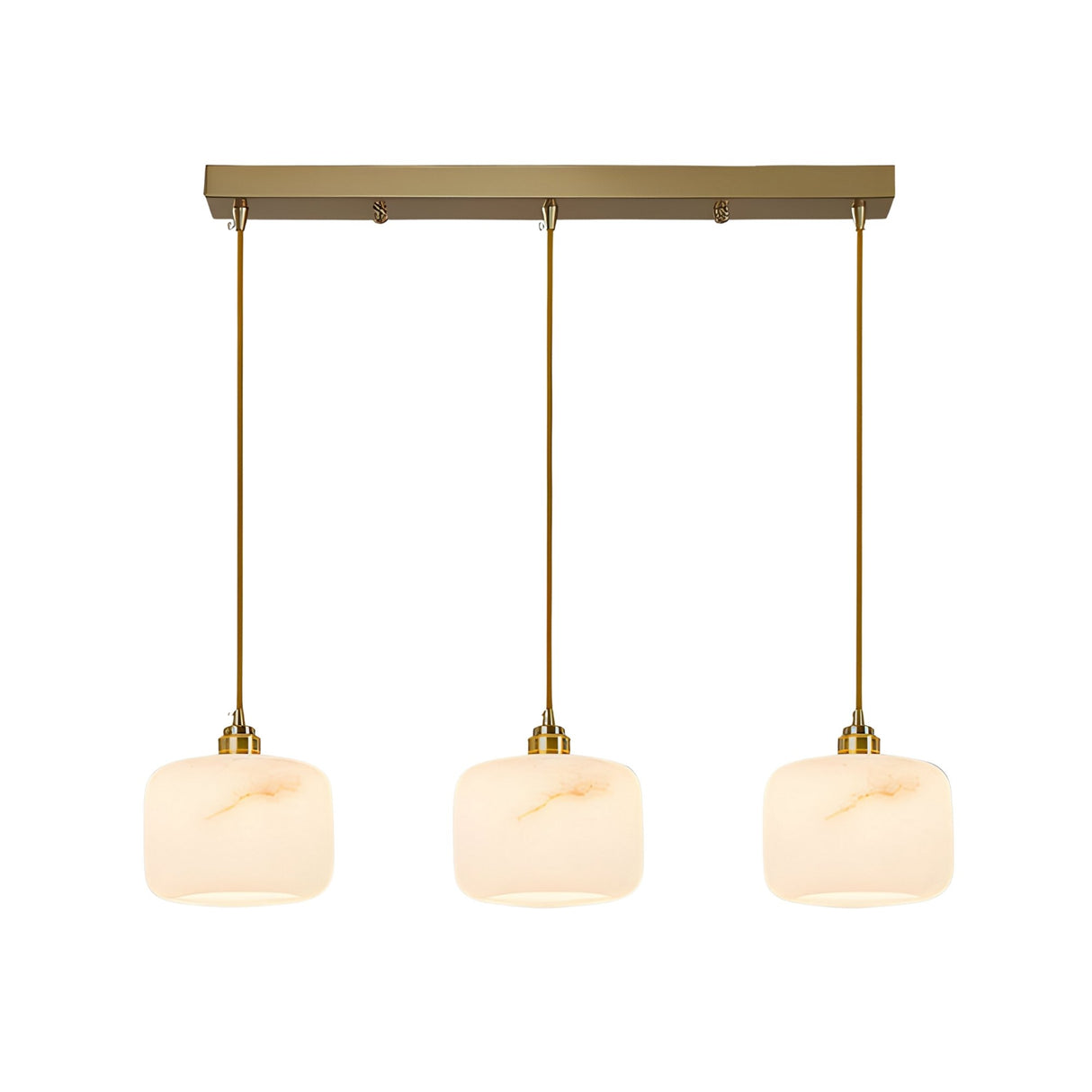 The Vantor 3 Light Linear Alabaster Bar Pendant Light in soft white and brushed brass features three alabaster shades suspended from a rectangular brushed brass base, giving any space a modern touch.