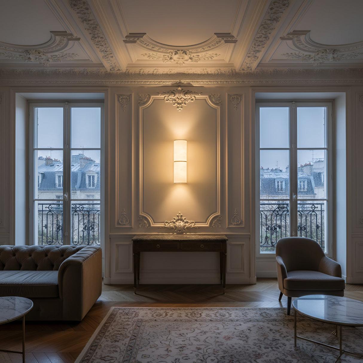 Elegant living room with ornate plaster ceiling, Almora LED Small Cylinder Alabaster Wall Light in soft white & brass, and tall windows overlooking Paris. Features a gray sofa, armchair, console table, patterned rug, and wooden floor.