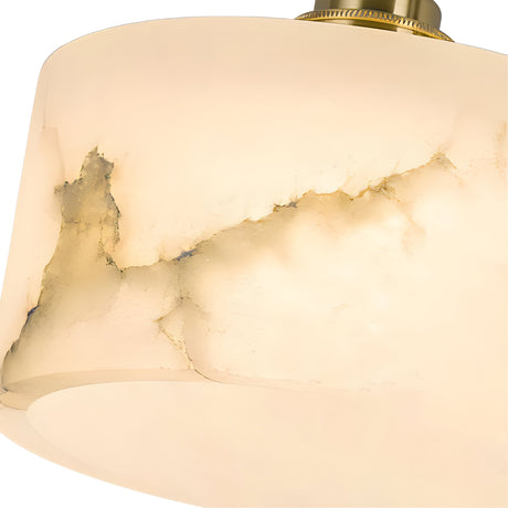 Close-up of the Brinex 3 Light Cluster Alabaster Pendant Light in soft white, showcasing creamy alabaster with natural marbled patterns and subtle brushed brass accents.