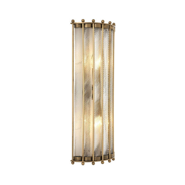 The Helixora 2 Light Vertical Twist Wall Light in brushed bronze features a curved, ribbed glass shade and vertical rods with round finials, casting a warm glow—an elegant modern fixture for any contemporary space.